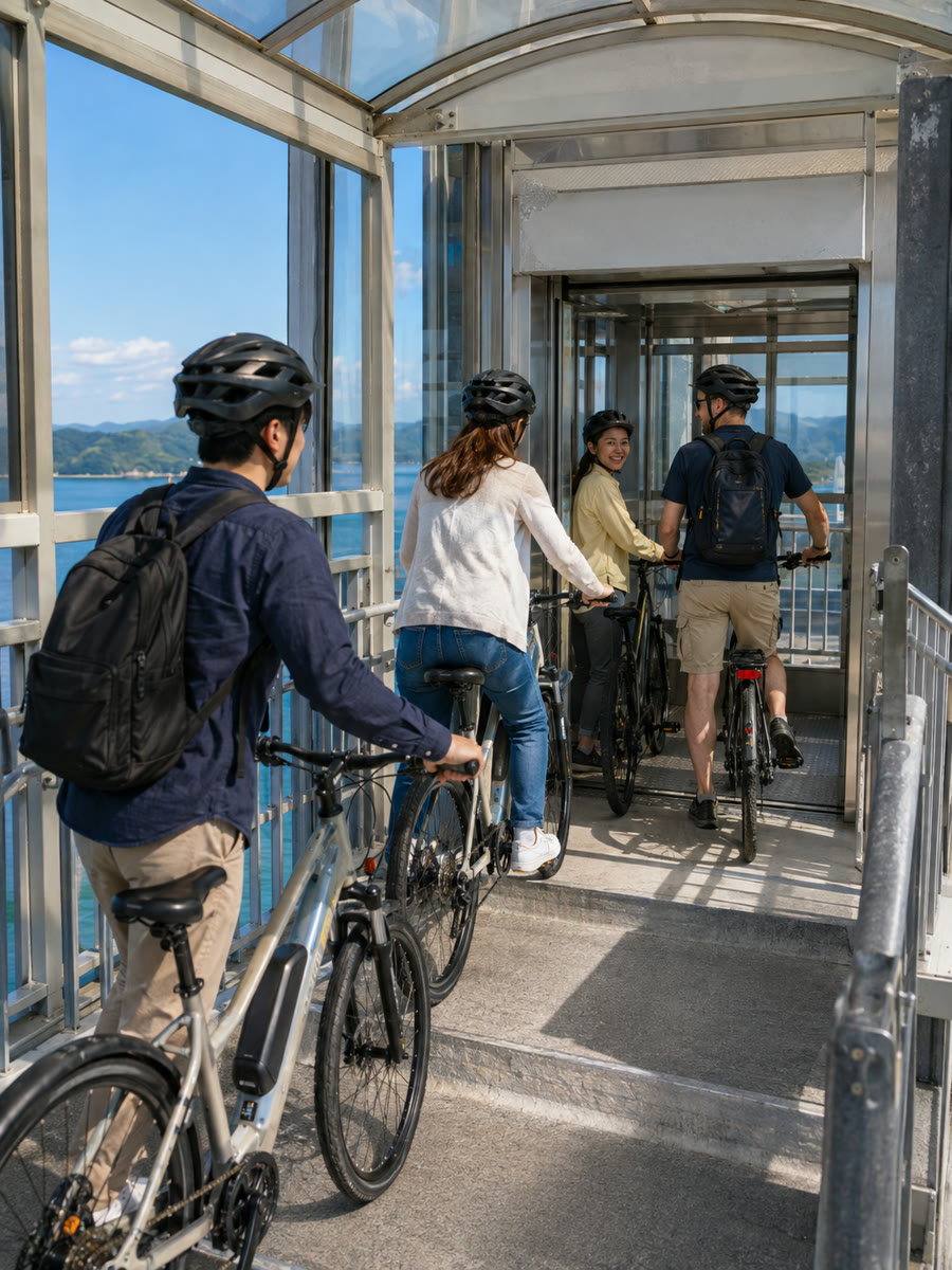 Illustration of the bridge elevator that carries riders and bikes down to Umashima
