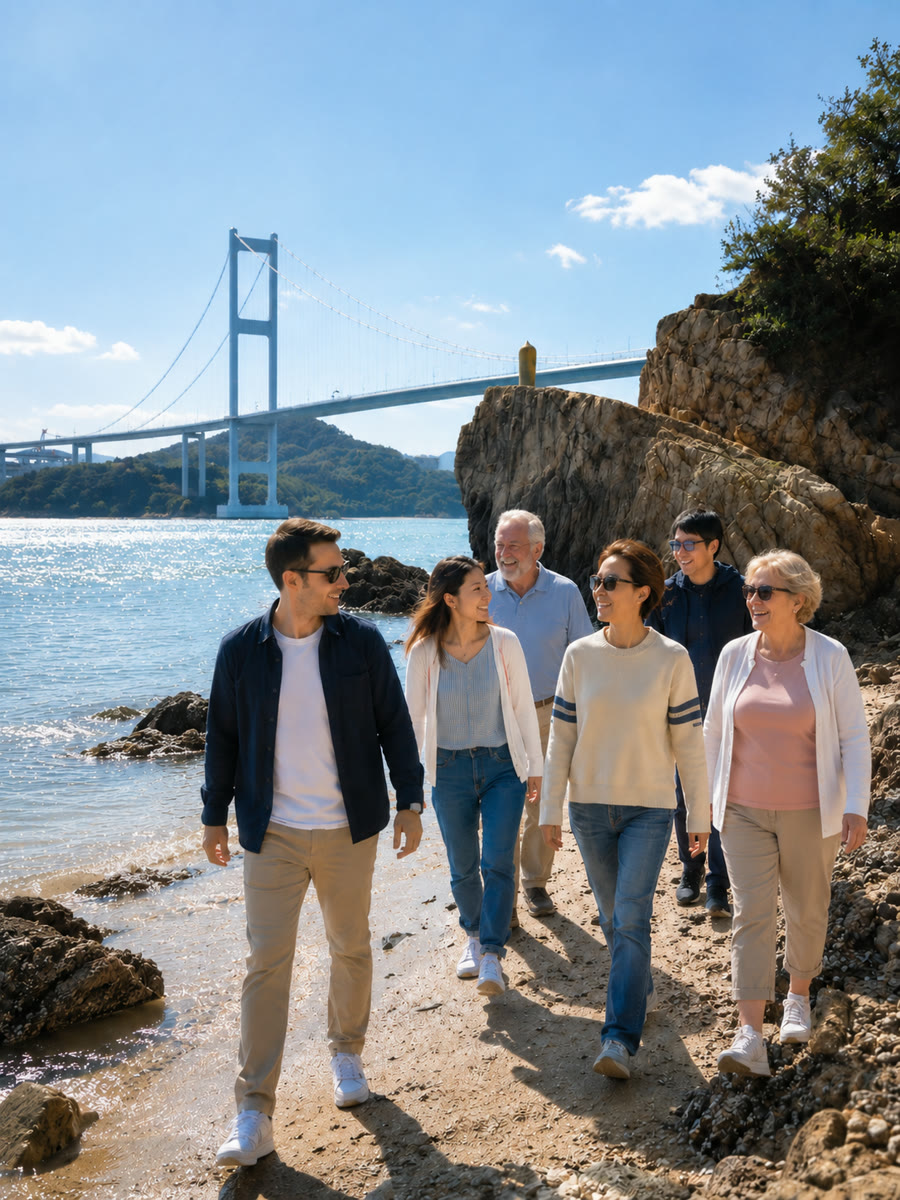 Illustration of a group strolling the rocky Umashima shoreline beneath the Kurushima-Kaikyo Bridge