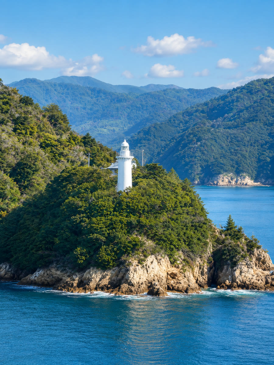 Illustration of the Umashima lighthouse overlooking the Seto Inland Sea