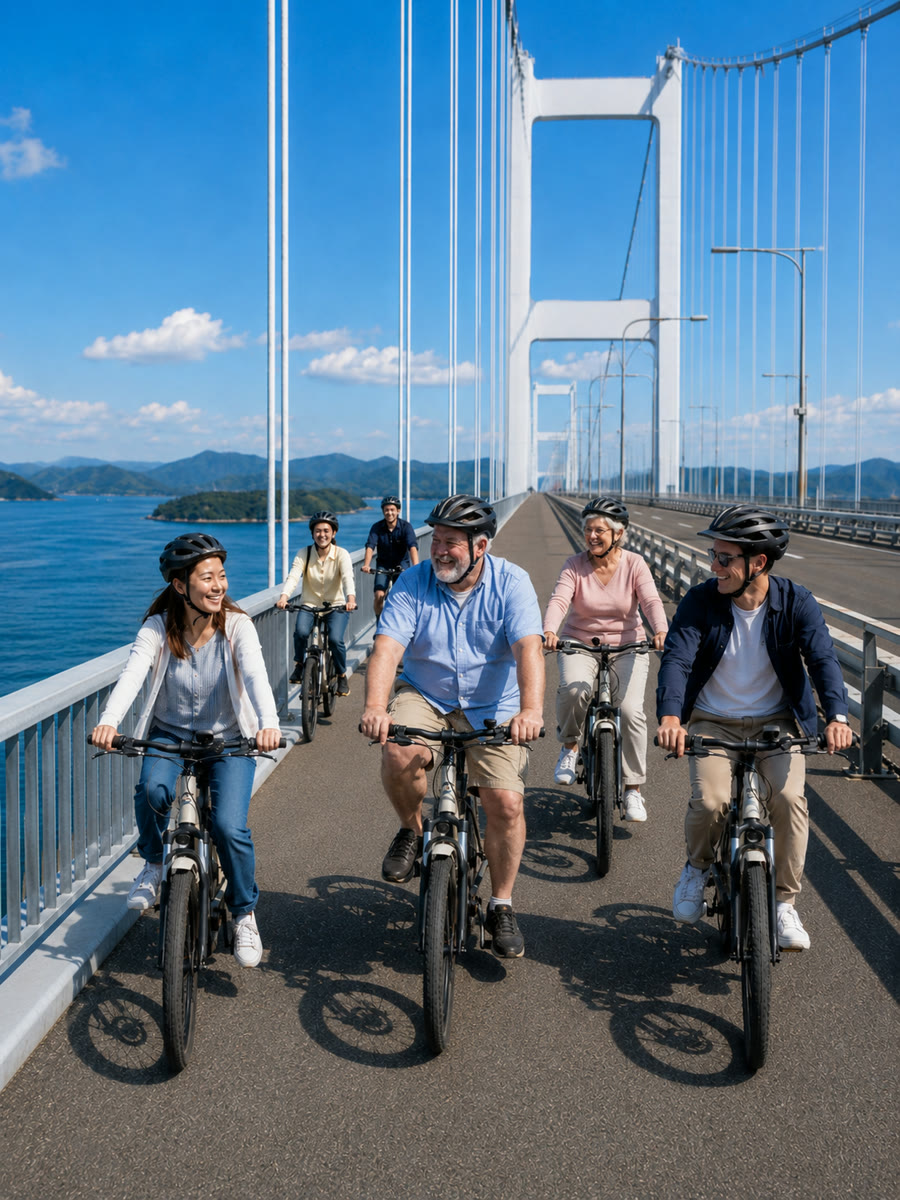 Illustration of a three-generation group, seniors included, riding e-bikes side by side on the Kurushima-Kaikyo Bridge cycle lane