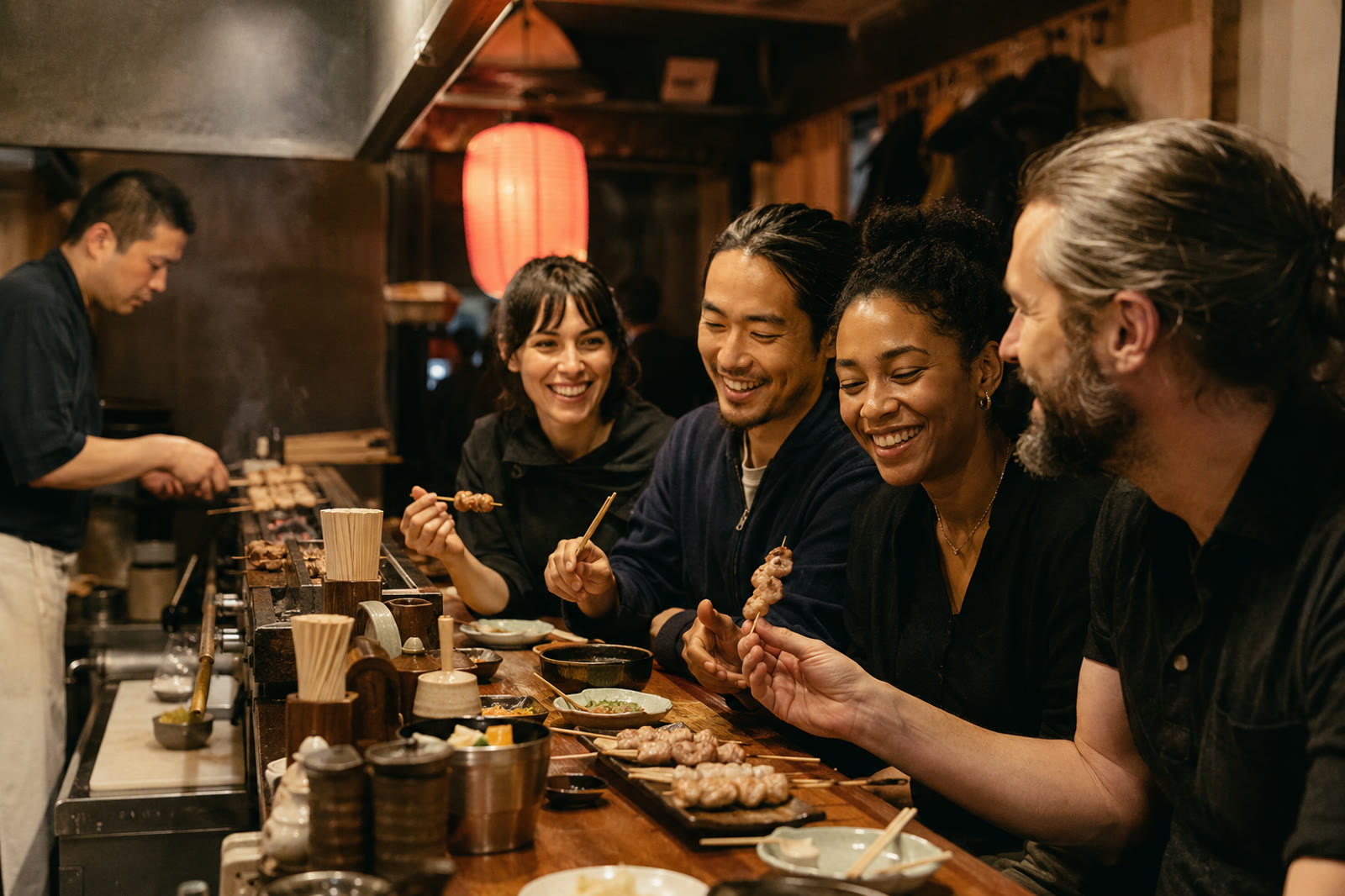 Illustration of guests enjoying yakitori together at a restaurant counter