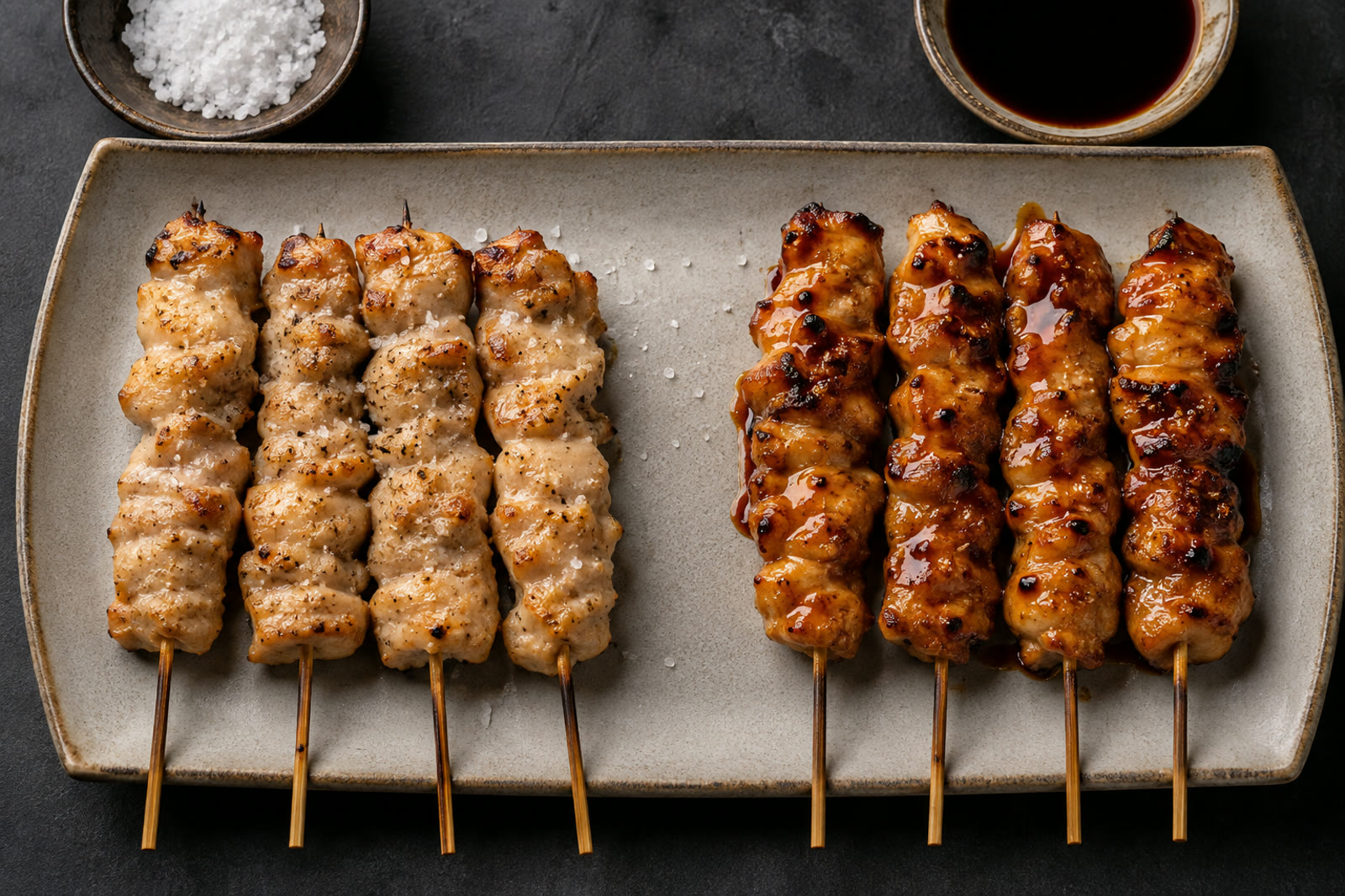Illustration comparing salt-seasoned and tare-glazed yakitori skewers